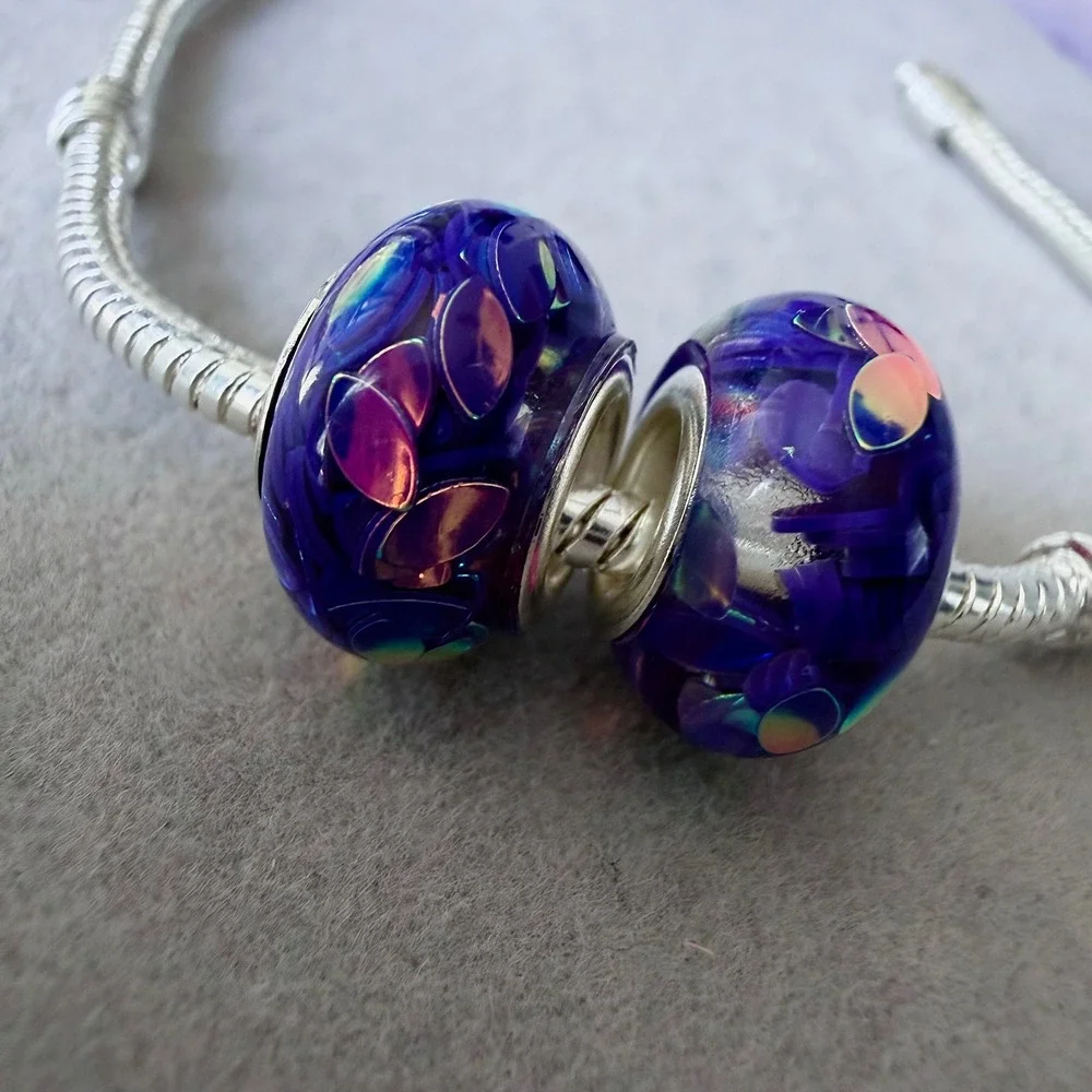 2 PCs Purple Iridescent Confetti Spacer Bead Charms fits PANDORA